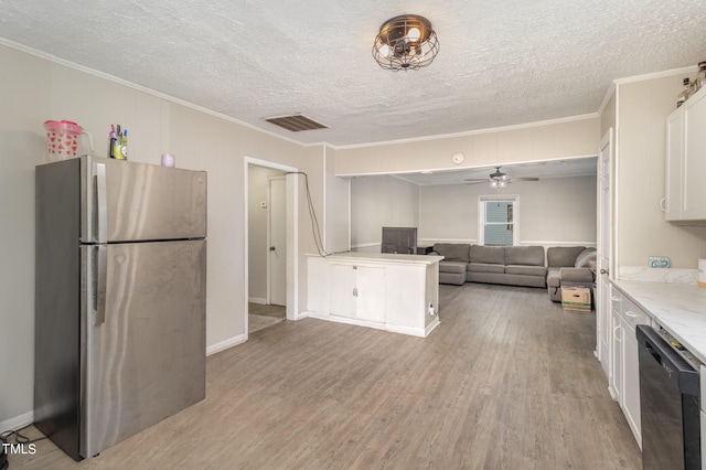 kitchen featuring stainless steel fridge, white cabinetry, dishwasher, light wood-type flooring, and crown molding