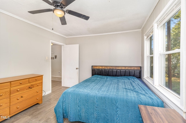 bedroom featuring ceiling fan, light hardwood / wood-style flooring, crown molding, and multiple windows