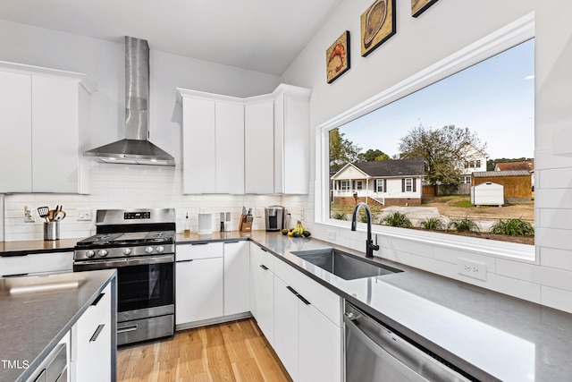 kitchen featuring a sink, wall chimney range hood, light wood-style floors, stainless steel appliances, and tasteful backsplash