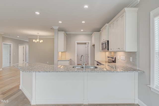 kitchen featuring white cabinets, kitchen peninsula, appliances with stainless steel finishes, and sink