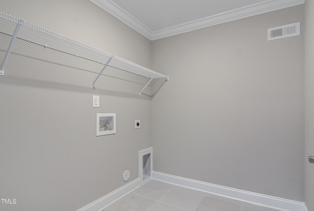 laundry area featuring light tile patterned flooring, washer hookup, crown molding, electric dryer hookup, and gas dryer hookup