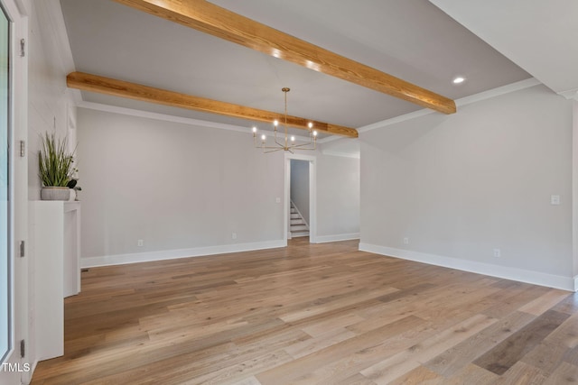 empty room featuring light hardwood / wood-style floors, a chandelier, beam ceiling, and ornamental molding