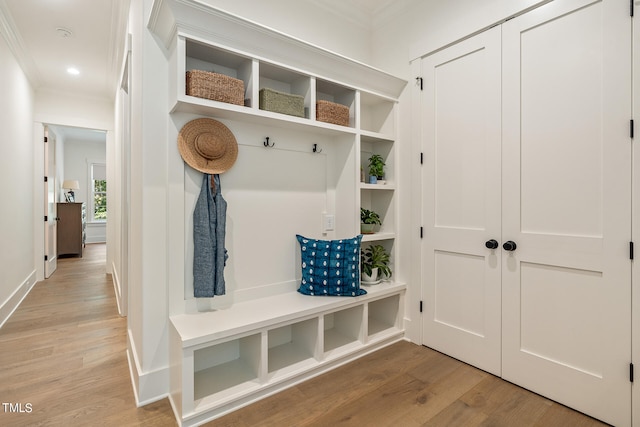 mudroom featuring crown molding and light hardwood / wood-style floors