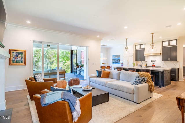 living room with light hardwood / wood-style flooring, ornamental molding, and sink