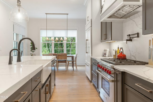 kitchen with crown molding, light hardwood / wood-style floors, stainless steel appliances, decorative light fixtures, and light stone counters