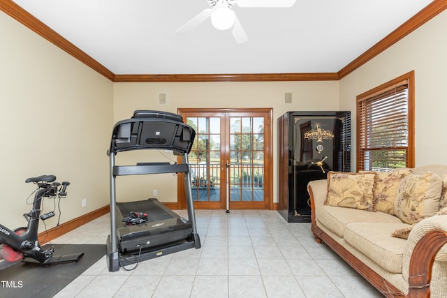 workout area with french doors, ceiling fan, crown molding, and light tile patterned floors