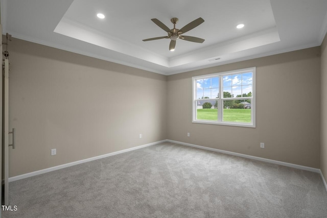 unfurnished room with ornamental molding, ceiling fan, and a raised ceiling