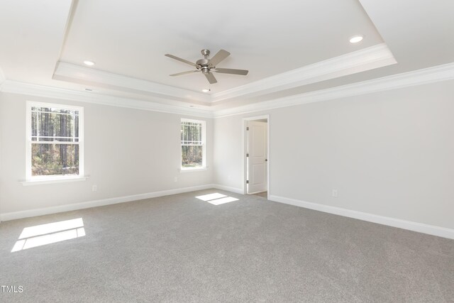 unfurnished room with a raised ceiling, ornamental molding, carpet floors, and ceiling fan