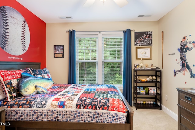 bedroom featuring carpet flooring, baseboards, and a ceiling fan