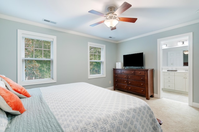 bedroom featuring multiple windows, ornamental molding, light carpet, baseboards, and ceiling fan