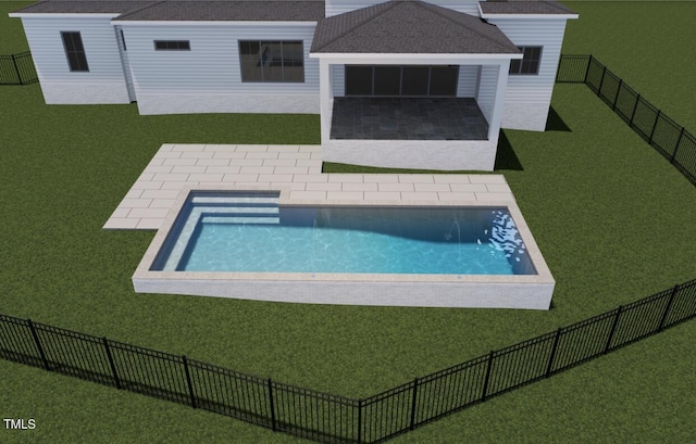 view of swimming pool featuring a yard and a patio area