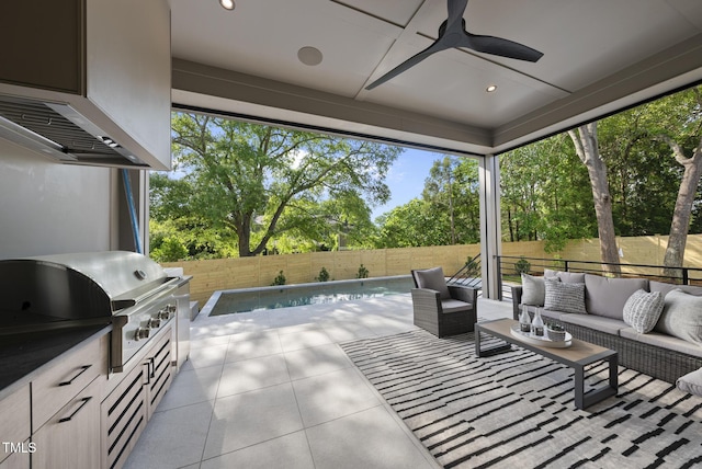 712 Daniels St, Raleigh, NC 27605 - view of patio with a fenced in pool, a fenced backyard, outdoor lounge area, a ceiling fan, and grilling area