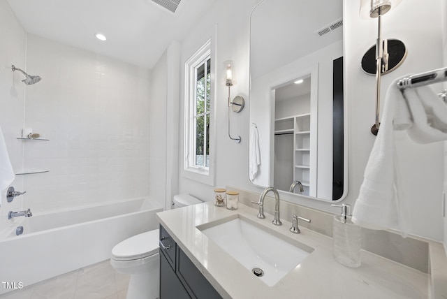 712 Daniels St, Raleigh, NC 27605 - bathroom with vanity, shower / bath combination, toilet, visible vents, and recessed lighting