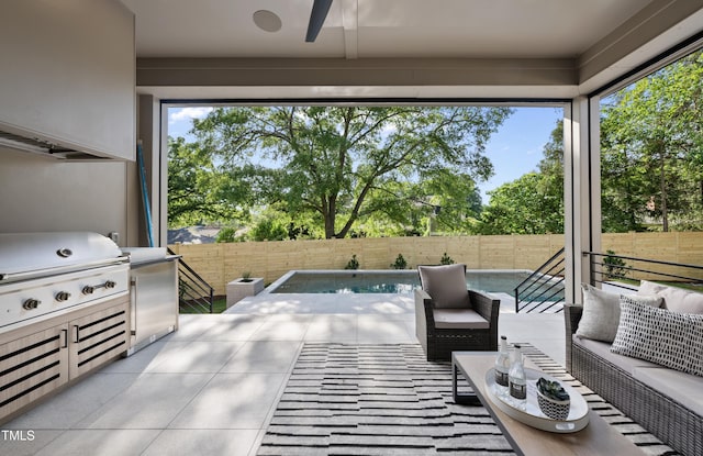 712 Daniels St, Raleigh, NC 27605 - view of patio featuring an outdoor hangout area, a fenced in pool, grilling area, a ceiling fan, and a fenced backyard
