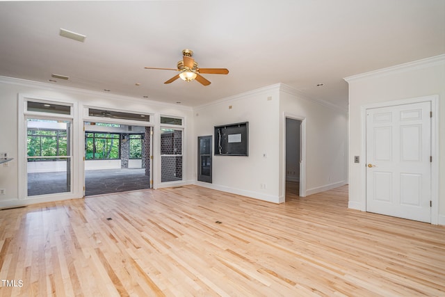 unfurnished living room with ornamental molding, light wood-type flooring, and ceiling fan