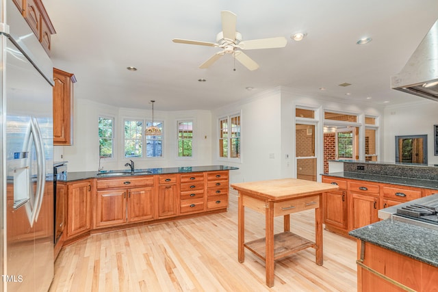 kitchen featuring light hardwood / wood-style floors, stainless steel fridge, ventilation hood, and a wealth of natural light