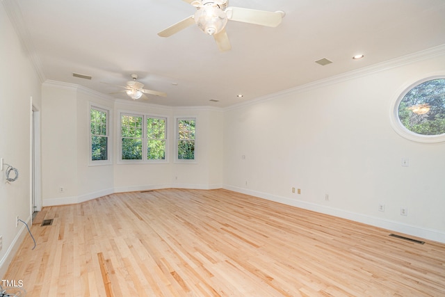 unfurnished room featuring ornamental molding, light hardwood / wood-style flooring, and ceiling fan