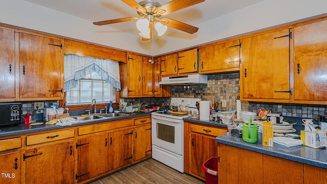 kitchen with light hardwood / wood-style flooring, white range with electric cooktop, tasteful backsplash, and sink