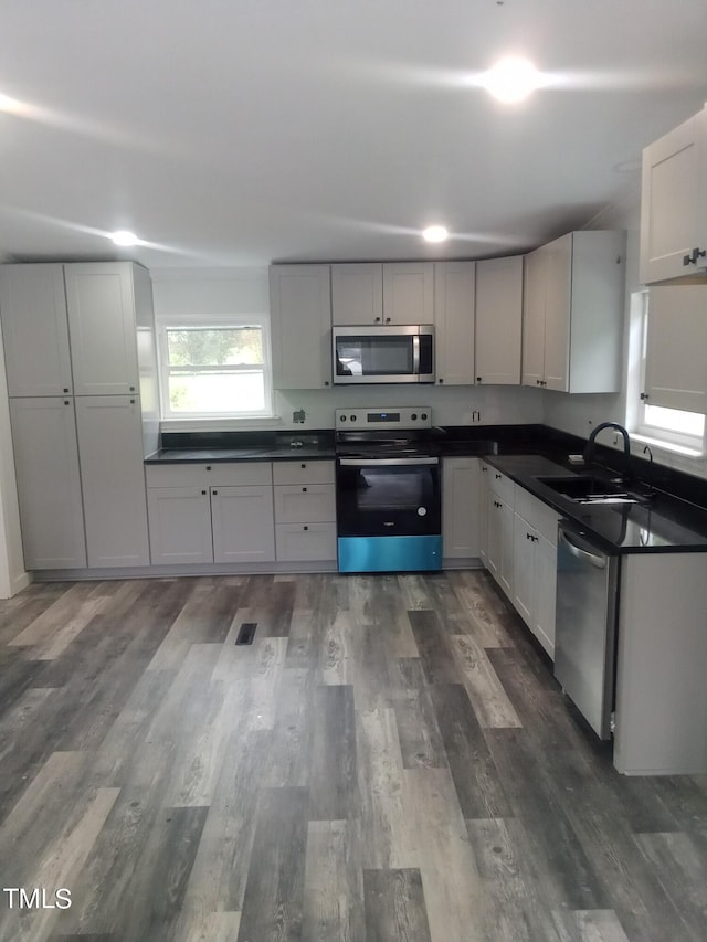 kitchen with stainless steel appliances, dark hardwood / wood-style floors, and sink