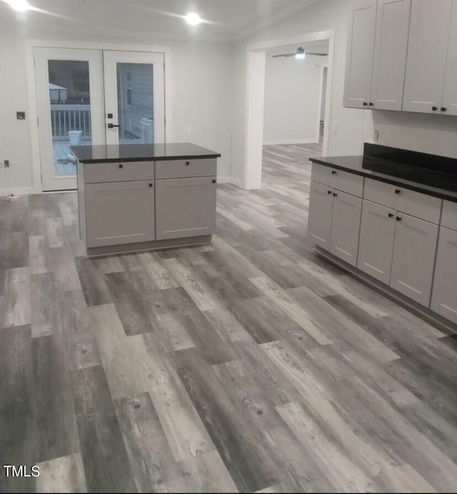 kitchen with gray cabinetry, ceiling fan, and light hardwood / wood-style flooring