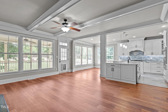 interior space with light wood-type flooring and white cabinetry