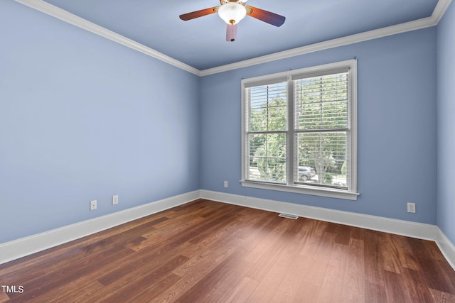 unfurnished room featuring ceiling fan, ornamental molding, and hardwood / wood-style floors