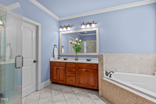 bathroom featuring ornamental molding, tile patterned floors, independent shower and bath, and vanity