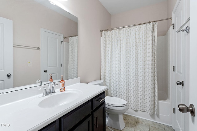 full bathroom with shower / tub combo, tile patterned floors, vanity, and toilet