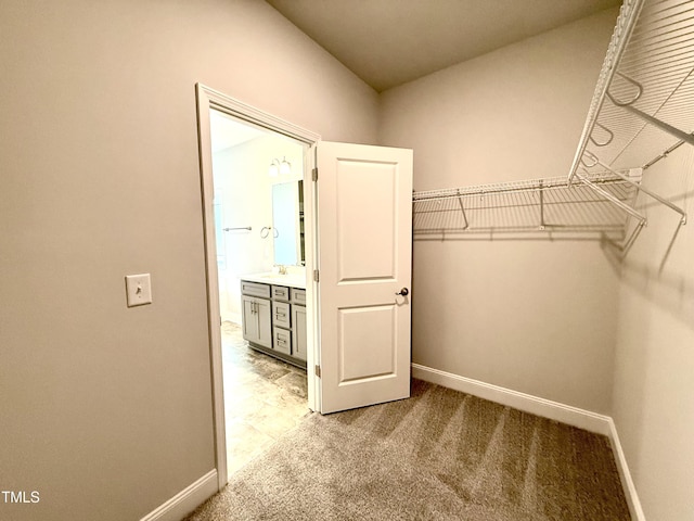 walk in closet featuring light carpet