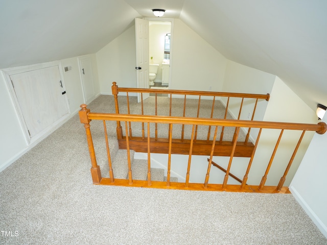 bonus room with light colored carpet and vaulted ceiling