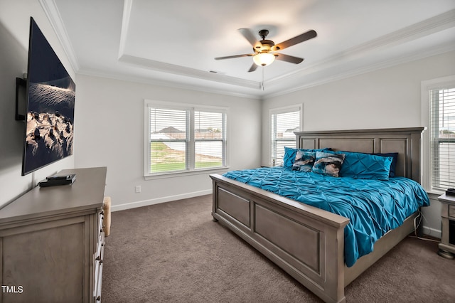 bedroom featuring multiple windows, a tray ceiling, ceiling fan, and carpet floors