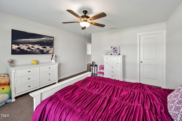 carpeted bedroom with ceiling fan