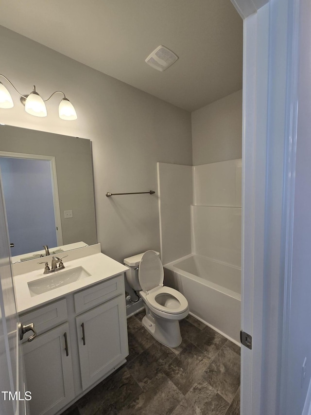 full bath featuring toilet, visible vents,  shower combination, and vanity