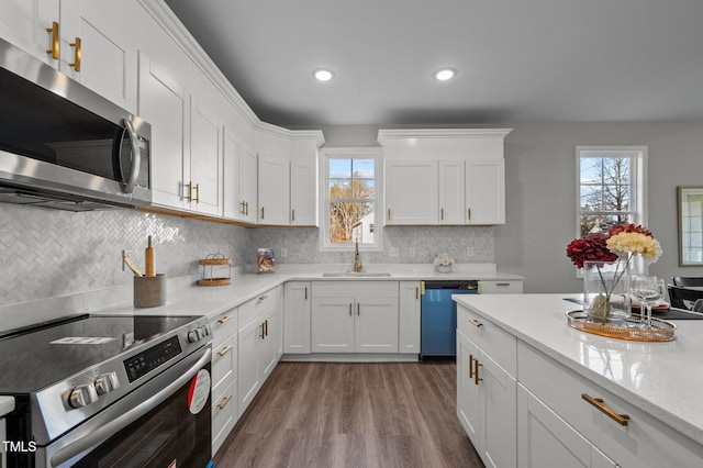 kitchen with tasteful backsplash, appliances with stainless steel finishes, white cabinets, a sink, and wood finished floors