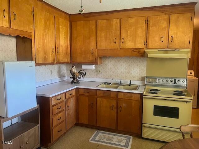 kitchen featuring white appliances, sink, and washer / clothes dryer