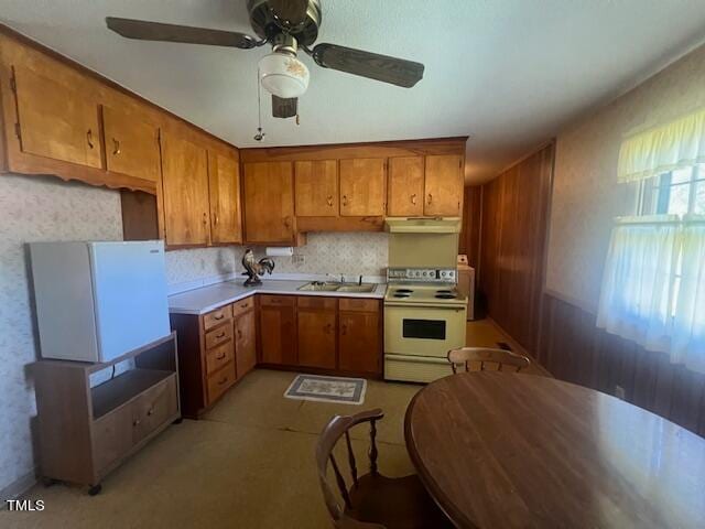 kitchen featuring electric stove, sink, and ceiling fan