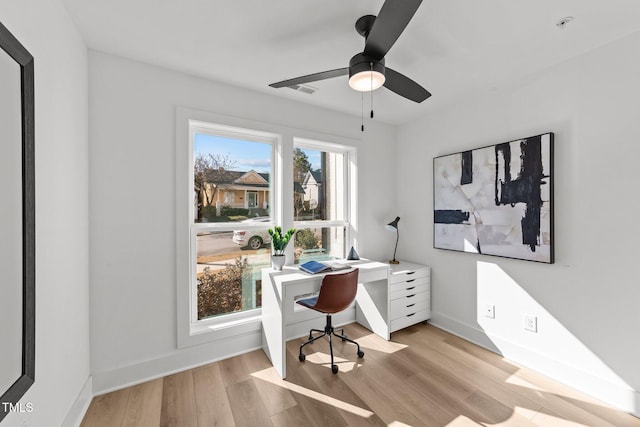 office space with ceiling fan and light hardwood / wood-style floors