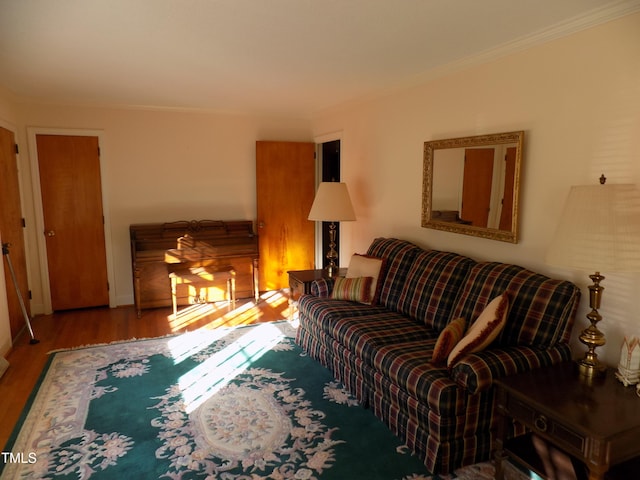 living room featuring crown molding and hardwood / wood-style floors