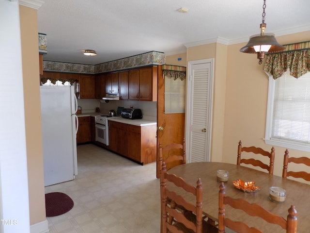 kitchen with ornamental molding, decorative light fixtures, white appliances, and extractor fan