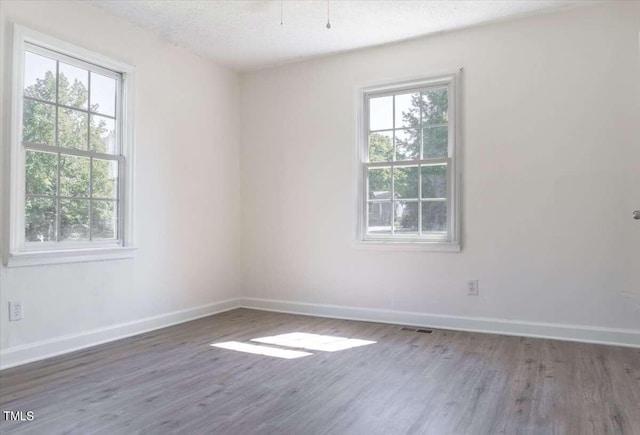 empty room featuring a textured ceiling, dark hardwood / wood-style flooring, and a wealth of natural light