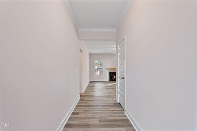 hall with light hardwood / wood-style flooring and ornamental molding