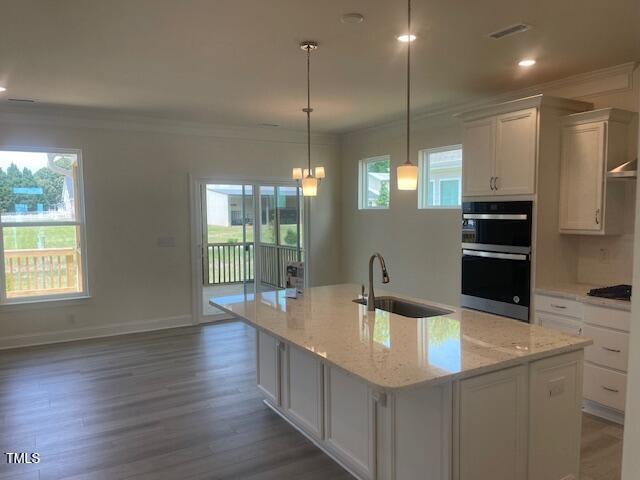 1528 Maelyn Way, Fuquay Varina, NC 27526 - kitchen featuring a sink, ornamental molding, white cabinets, wood finished floors, and stainless steel double oven