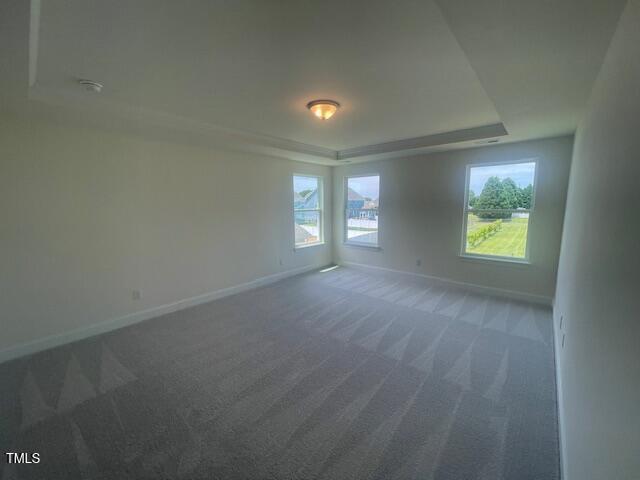 1528 Maelyn Way, Fuquay Varina, NC 27526 - unfurnished room featuring carpet floors, baseboards, a tray ceiling, and a smoke detector