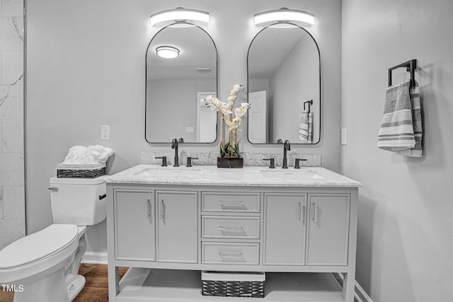 bathroom with wood-type flooring, vanity, and toilet