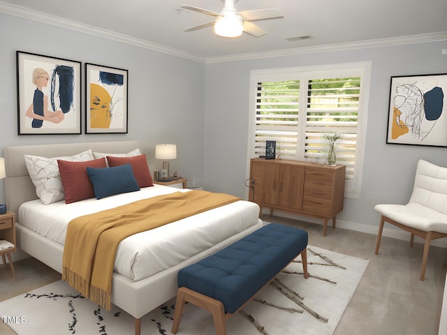 bedroom featuring ceiling fan and ornamental molding