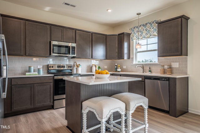 kitchen featuring decorative backsplash, stainless steel appliances, light wood-type flooring, dark brown cabinets, and decorative light fixtures