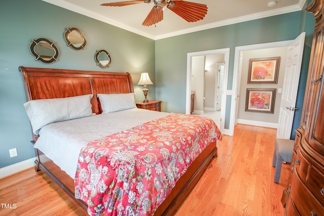 bedroom with light wood-type flooring, ceiling fan, connected bathroom, and crown molding