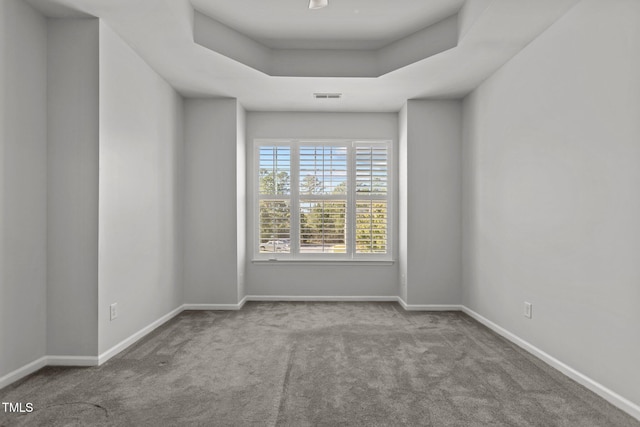 carpeted spare room with a tray ceiling