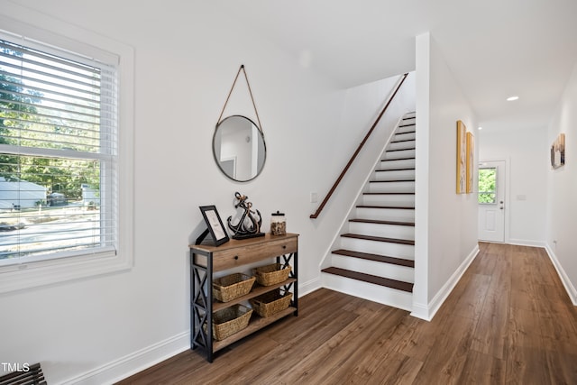 stairway featuring plenty of natural light and hardwood / wood-style flooring