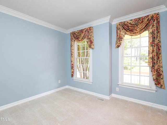 empty room featuring a healthy amount of sunlight, ornamental molding, and light carpet